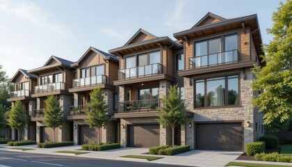 Fototapeta premium contemporary townhouses with exteriors made of wood and stone