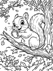 Obraz premium Cartoon squirrel on tree with tribal and fantasy elements in black and white outline for coloring book
