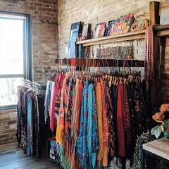Colorful clothing store interior, rustic brick walls, art display