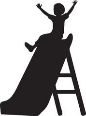 Black flat silhouette vector icon, A child sliding down a playground slide, arms raised
