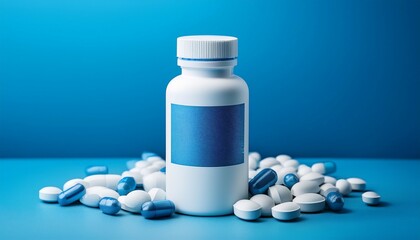 white bottle with a blue label and scattered tablets selling health and health