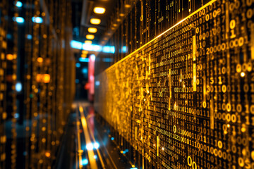Golden binary code cascades down dark walls in a server room. Digital data streams in glowing numbers on a dark backdrop. Lights add depth.