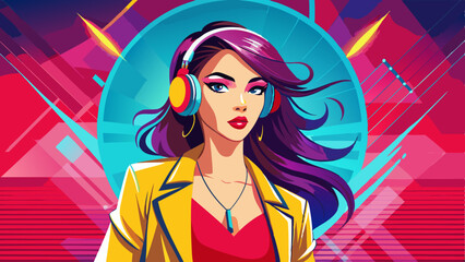 Fashion pretty woman with headphones listening to music over red neon background at studio.