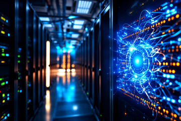 Dark server room with glowing blue digital interface.  Long hallway lined with server racks and bright lights.  Concept of data flow and network connections.