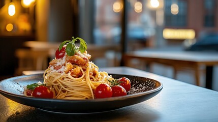 Delicious spaghetti with tomato sauce, parmesan and basil on restaurant table