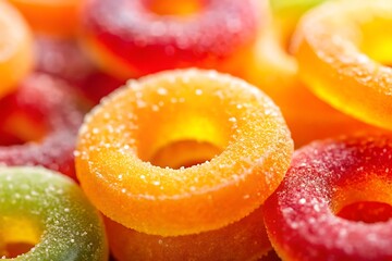 A vibrant pile of sugary gummy rings, a tempting treat of juicy colors and sweet textures, glistening under bright light.