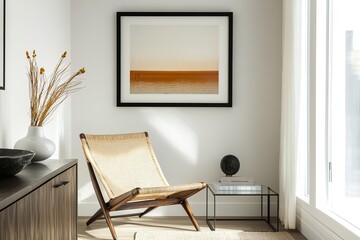 A modern reading nook with a woven chair, a sleek glass console, and a minimalist framed artwork. Earthy tones and soft textiles add warmth and character.