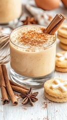 Eggnog mousse topped with cinnamon and star anise with cookies on white table