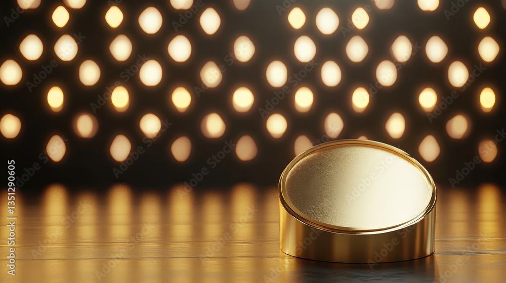 Poster a reflective gold object sits elegantly in front of a backdrop of bright, blurred lights, creating a