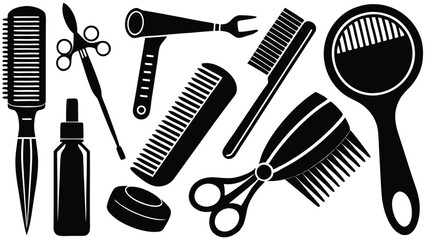Hairdresser and Barber Tools - Combs, Scissors, Brushes, Clippers, and More - Black and White Vector Illustration
