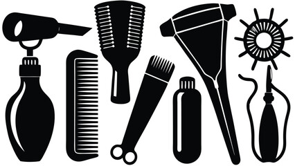 Hairdresser and Barber Tools - Combs, Scissors, Brushes, Clippers, and More - Black and White Vector Illustration