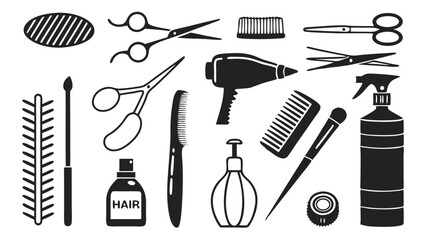 Hairdresser and Barber Tools - Combs, Scissors, Brushes, Clippers, and More - Black and White Vector Illustration