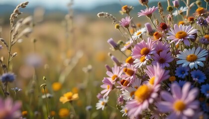 Fototapeta premium Serene floral meadow filled with pastel wildflowers in full bloom, showcasing daisy varieties and soft grasses under the warm sunlight during a gentle summer day