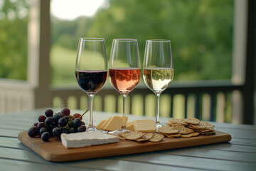 Red, White and Rosé wine glasses on wooden board