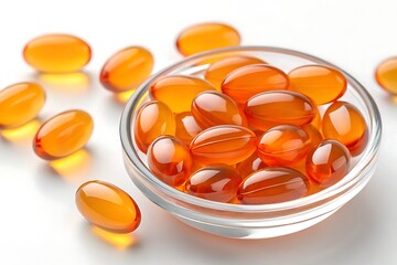 A bowl brimming with amber capsules, promising health and vitality, nestled on a bright surface with scattered extras, showcasing their translucent, glossy sheen.