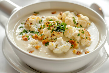 Roasted cauliflower and stilton soup in a white bowl