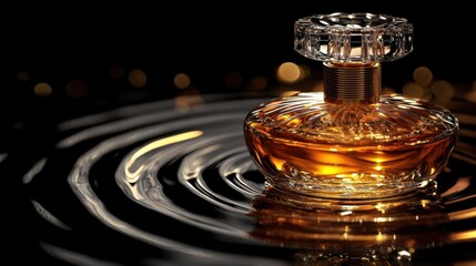 Crystal perfume bottle filled with golden liquid rests on a dark glossy surface with concentric light wave reflections and blurred bokeh