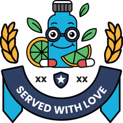 A blue bottle with a smiling face and a green leaf on top