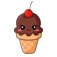Kawaii chocolate ice cream cone with cherry on top. Cute cartoon-style dessert with a smiling face. Transparent background, perfect for stickers, printing and digital use.