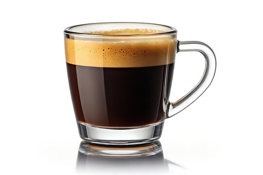 A rich, dark espresso, perfectly frothed, a moment of pure caffeinated bliss in a clear glass cup against a bright white background.