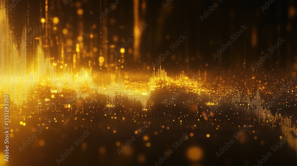 Poster abstract golden sound wave patterns with glowing particles background