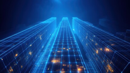 Blue digital buildings structure. Cityscape futuristic view. Network and data transmission concept. Glowing lines and dots forming towers. Dark background with light spots.