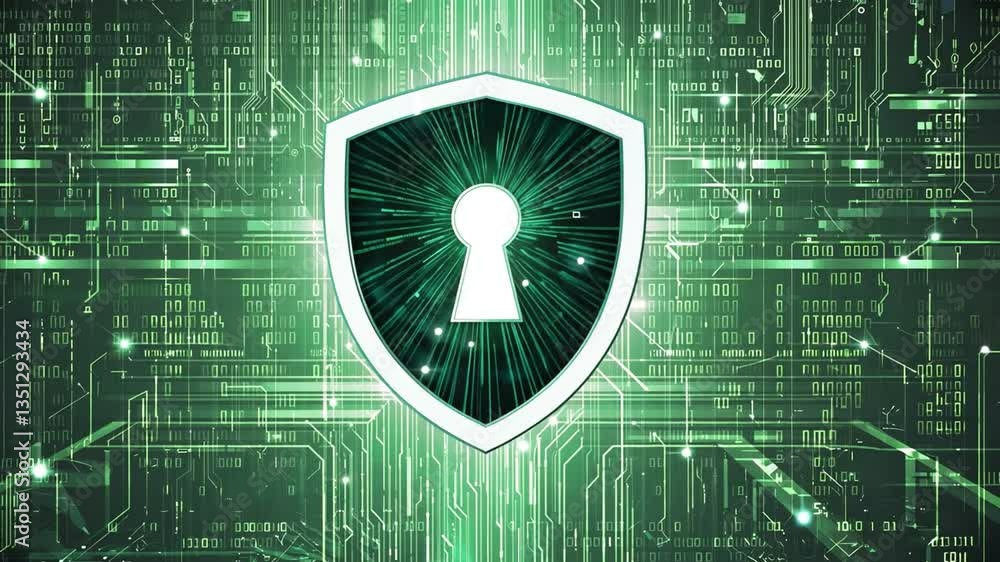 Poster digital fortress: a visual representation of digital security, showcasing a shield with a keyhole se