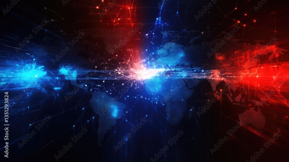 Poster abstract representation of a global network illuminated with blue and red lights, showcasing digital