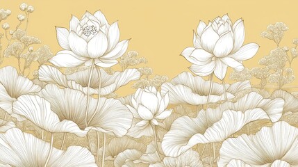Line art illustration depicts beautiful lotus flowers and leaves