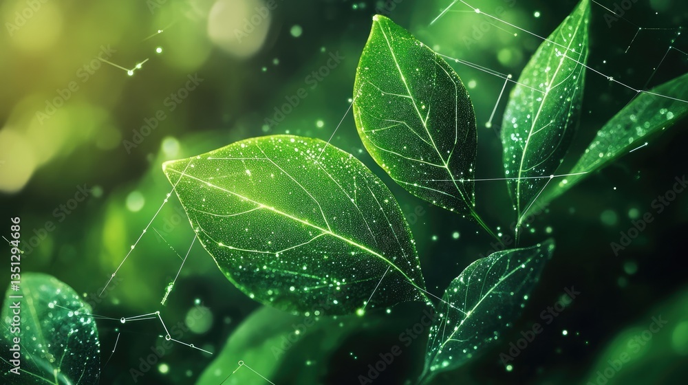 Poster lush green leaves with sparkling effects and abstract patterns