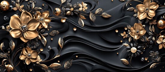 A captivating 3D mural illustration with golden jewelry and flowers on black decorative wallpaper, blending textures and depth for a luxurious visual  
