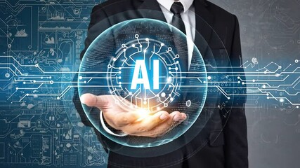 The Future in Hand: A visionary businessperson presents the concept of artificial intelligence, AI, representing a paradigm shift. - Powered by Adobe