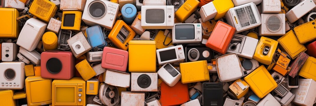 E-waste reduction concept. Large scrapyard filled with outdated kitchen appliances .