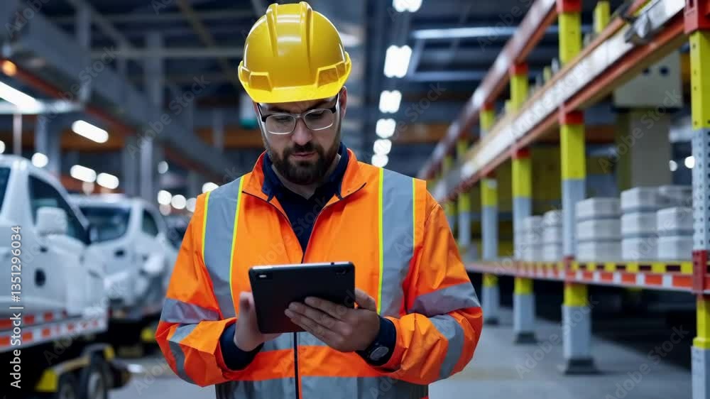 Poster in a busy automotive warehouse, a dedicated worker in a safety vest and helmet uses a tablet to show