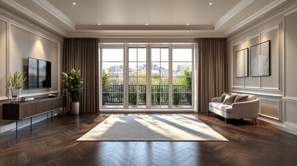 Obraz premium Luxurious apartment living room showcasing stylish design and expansive windows