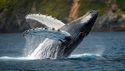 Fototapeta premium Humpback whale breaching in front of rocky shoreline, with white foam and water splashes