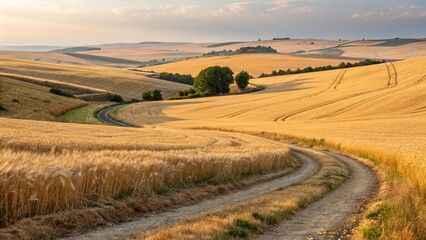 Obraz premium A dirt road winding through golden wheat fields, with rolling hills and trees in the background. 