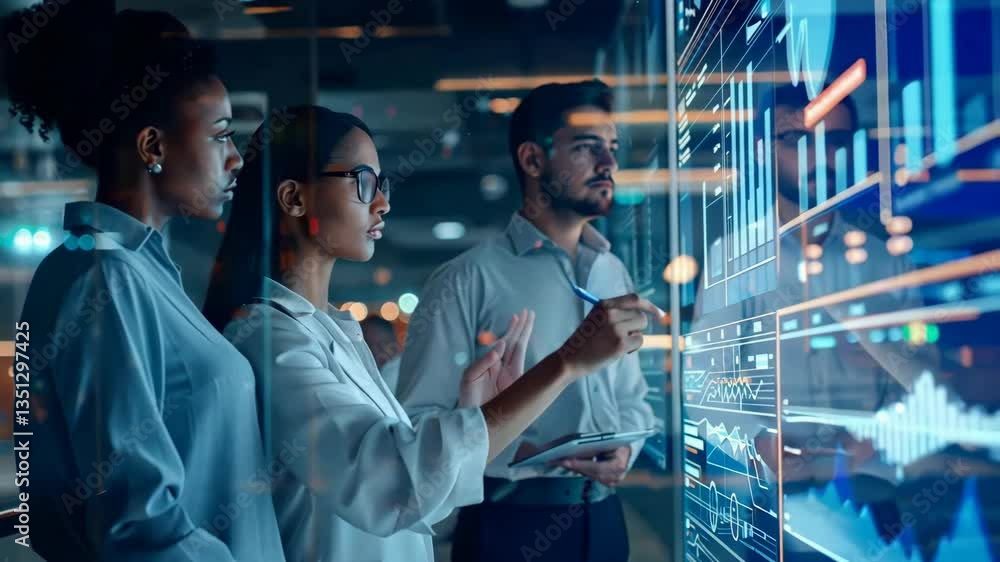 Aufkleber in a modern workspace, a diverse team of skilled professionals analyzes complex data visualizations 