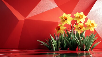 Bright Yellow Daffodils Blooming on Shiny Red Surface Spring Theme