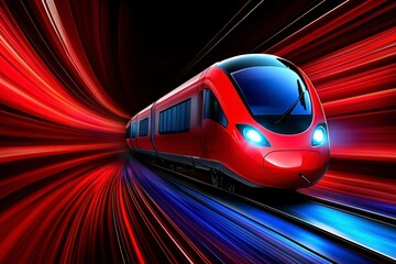 Fototapeta premium Red High Speed Train in Motion Blurred Tunnel with Dynamic Lighting
