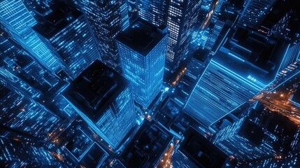 Aerial view of a vibrant city skyline at night with illuminated skyscrapers and bustling streets below