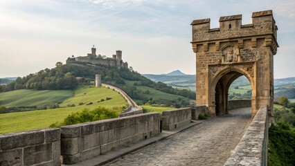 A stone archway leading to a medieval castle on a hilltop, with a scenic view of rolling hills in the background.
