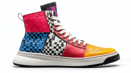 Colorful high-top sneakers with a patchwork design and thick white sole.