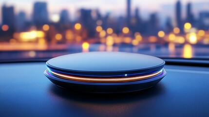 Futuristic device on a dark surface with city lights blurred in the background.