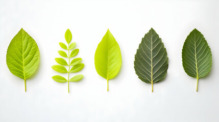 Five green leaves arranged on white background; nature, growth, spring, botany, ecology concept; ideal for website banners, educational materials