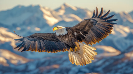 Bald eagle soaring above snowy mountains, with wings spread wide, showcasing its majestic and strong presence.