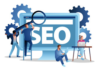Teamwork in SEO strategy concept, SEO text on big computer screen, gears, and magnifying glass. For digital marketing, website ranking, online business growth, and search engine optimization services