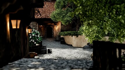 Serene cobblestone pathway in a quaint village, adorned with lush greenery