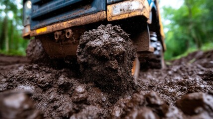 Muddy vehicle navigating a challenging terrain. Close-up view of a vehicle's tire embedded in deep mud
