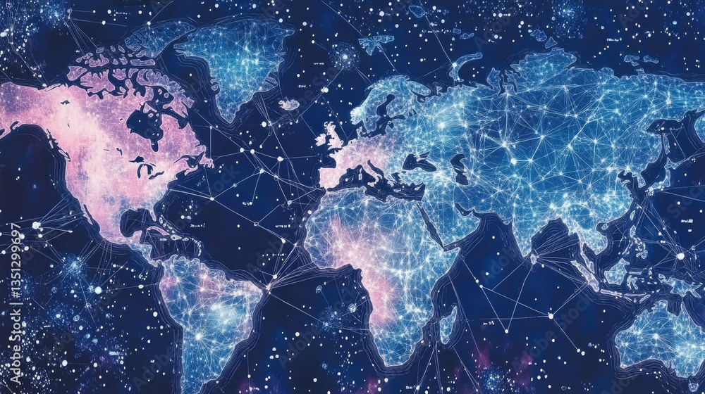 Poster futuristic world map with network connections and starry background